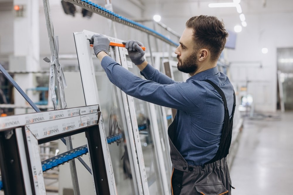factory,worker,wearing,uniform,and,gloves,using,ruler,to,measure